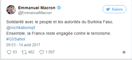 تغريدة للرئيس الفرنسي إيمانويل ماكرون يتضامن فيها مع بوركينافاسو.