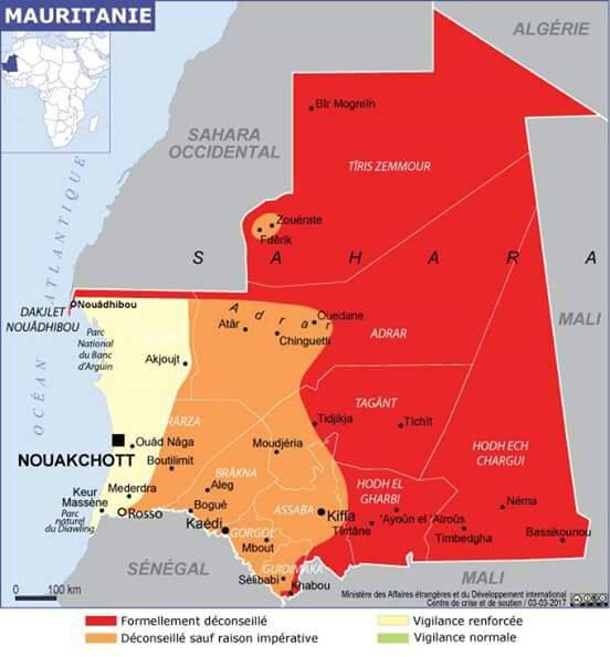خريطة لتنصيف موريتانيا أمنيا، صادرة قبل فترة عن الخارجية الفرنسية