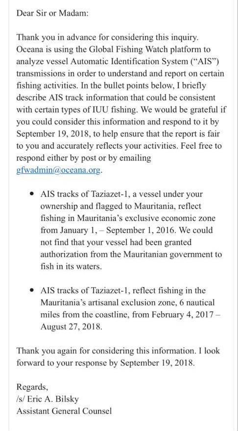 رسالة المنظمة الأمريكية للشركة تطلب معلومات عن النشاط غير الشرعي للسفينة التابعة لها