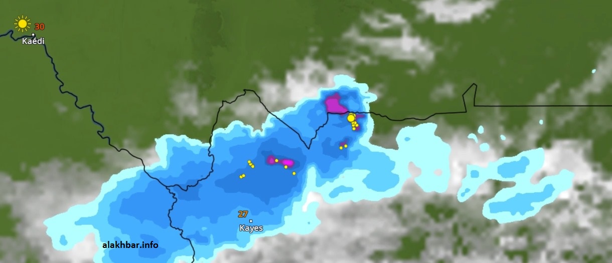 خارطة انتشار السحب المتجهة إلى جنوب ولايات الحوض الغربي وكيدي ماغا وجنوب العصابة، عند الساعة: 10:35