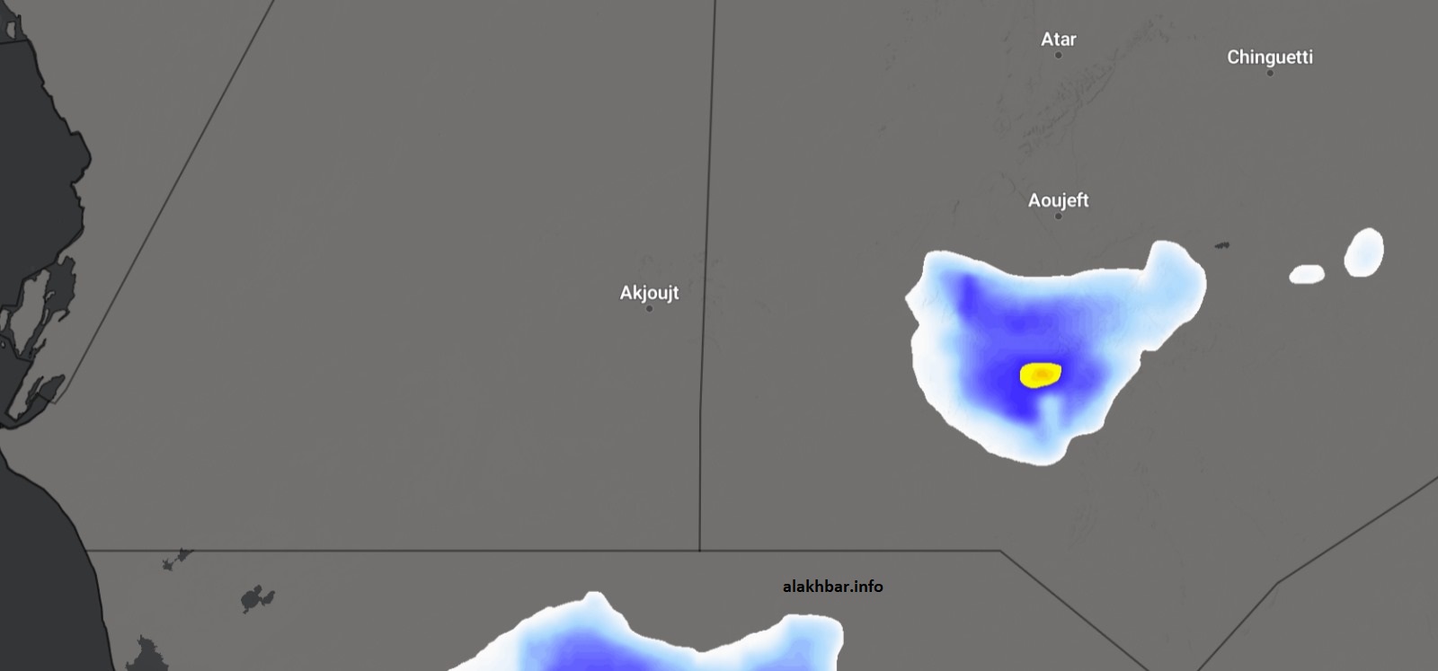 خارطة انتشار السحب الماطرة جنوب مدينة أوجفت، عند الساعة: 21:00 تقريبا
