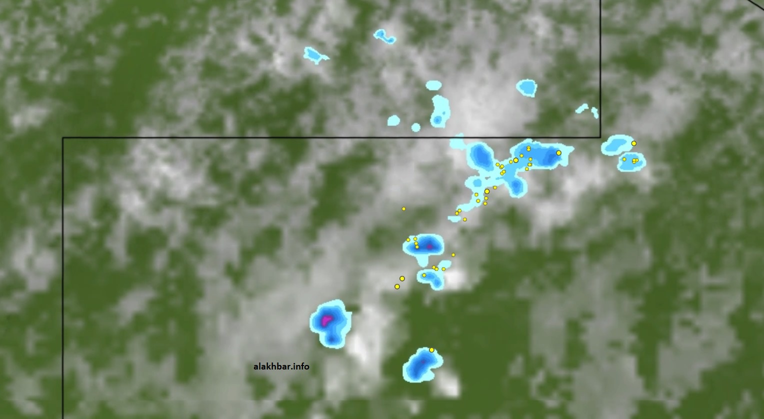 خارطة انتشار السحب الماطرة  أقصى شمال غرب ولاية تيرس الزمور الساعة: 16:35