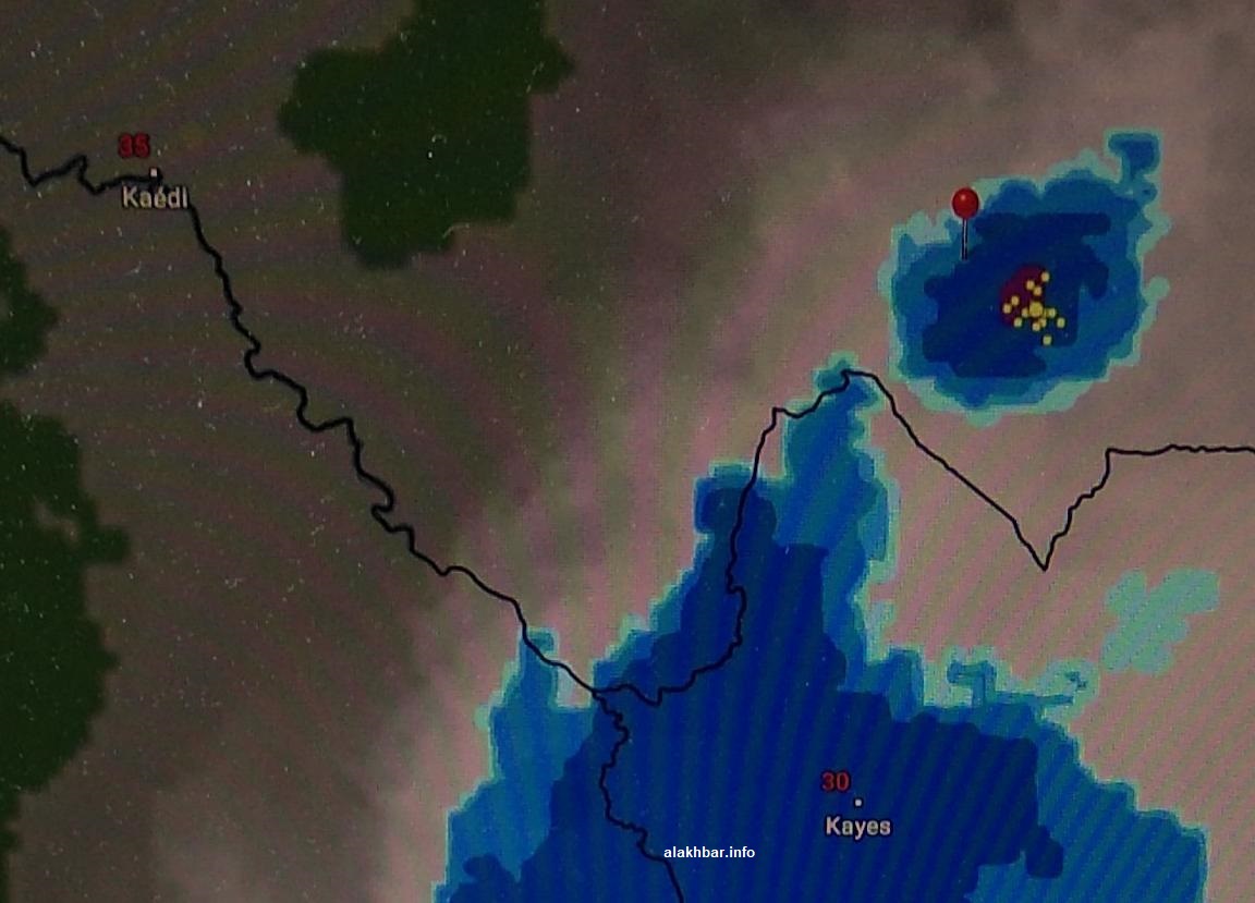 خارطة انتشار السحب عند الساعة 19:05 مساء الاثنين، الإشارة عند مدينة كنكوصة