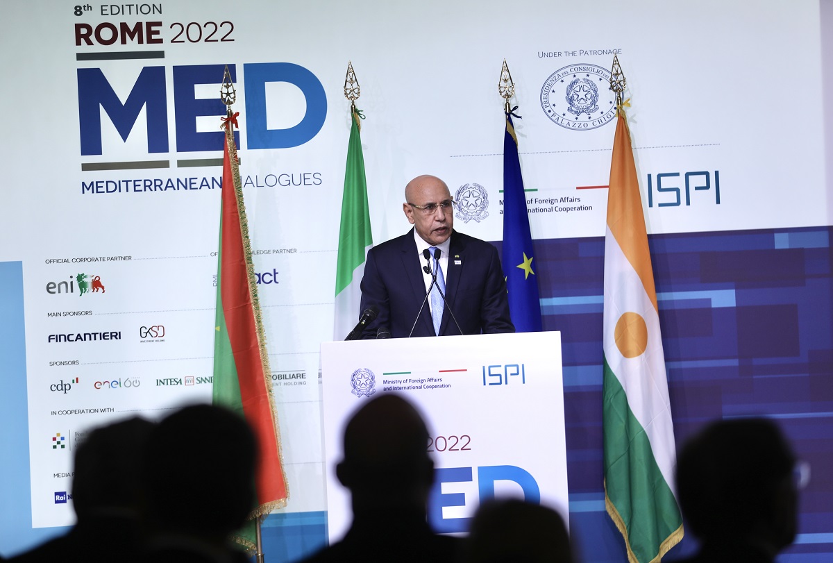 الرئيس محمد ولد الغزواني خلال خطابه اليوم في الدورة الثامنة للحوارات المتوسطية