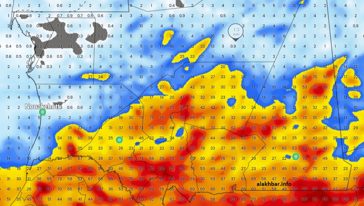 الكمية التراكمية المتوقعة من الأمطار ابتداء من اليوم وحتى 16 أغسطس الجاري