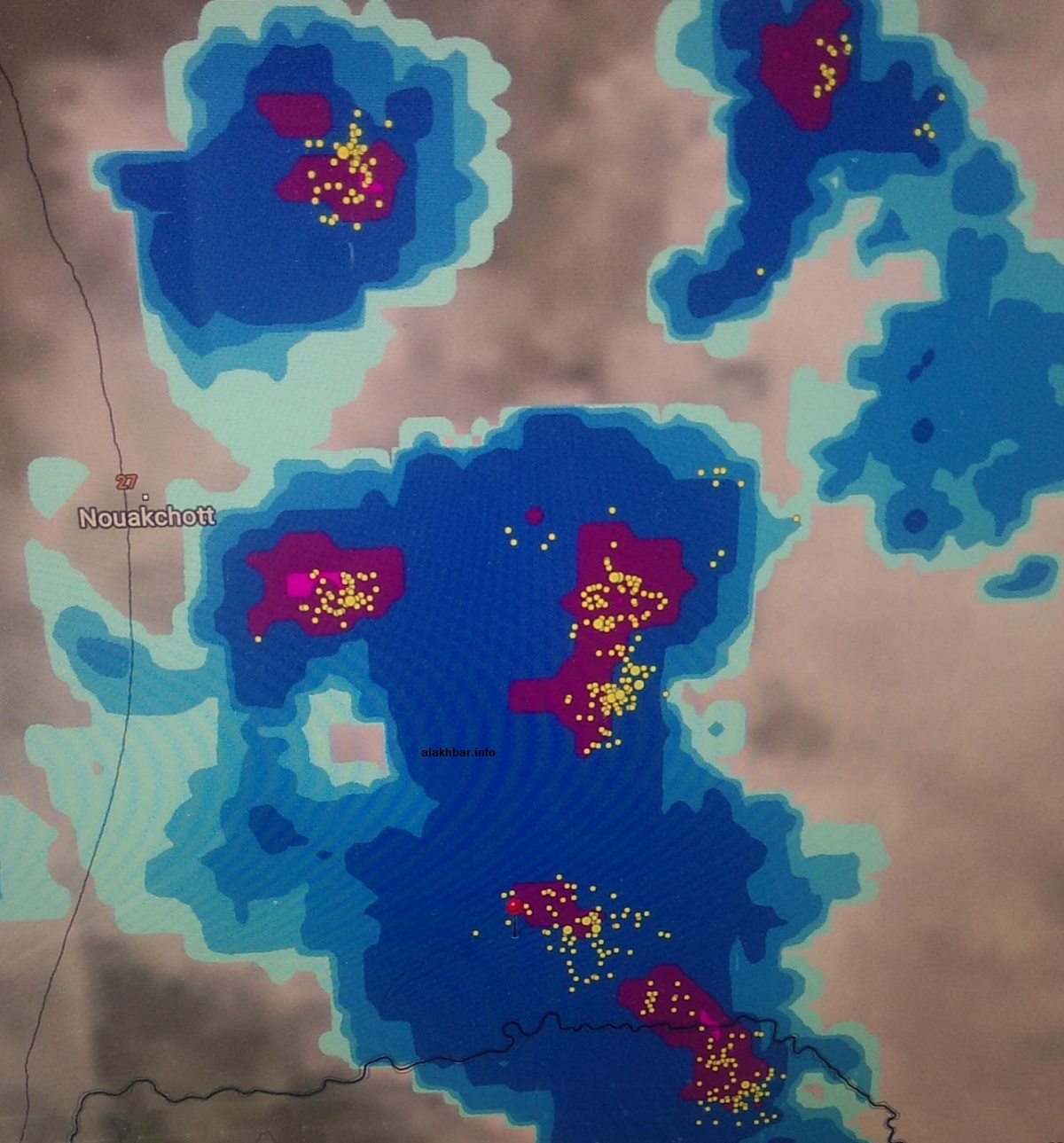 خارطة انتشار السحب الماطرة في أجواء ولاية الترارزة الليلة 22:30 