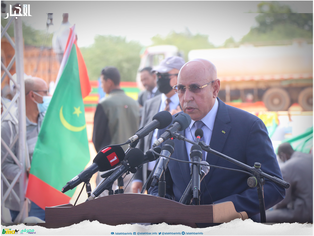 الرئيس محمد ولد الغزواني خلال خطابه اليوم في حفل انطلاقة أشغال جسر روصو (الأخبار)