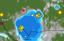 انتشار السحب الممطرة شرق ووسط البلاد، وتوقع تقدمها غربا وجنوبا (توجد الإشارة عند مدينة كيفة)