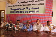 قادة التحالف الانتخابي للمعارضة الموريتانية خلال مؤتمر صحفي ظهر اليوم (الأخبار)