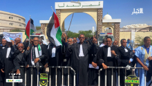 المحامون خلال وقفتهم الاحتجاجية اليوم أمام قصر العدل بولاية نواكشوط الغربية (الأخبار)