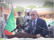 الرئيس محمد ولد الغزواني خلال خطابه اليوم في حفل انطلاقة أشغال جسر روصو (الأخبار)